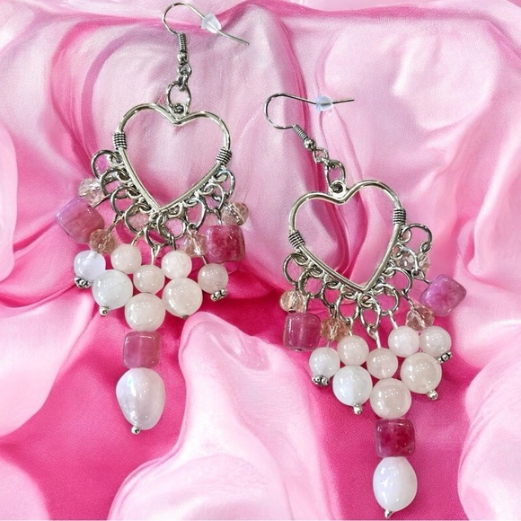 Rose Quartz and Crystals Heart Shaped Silver Toned Chandelier Earrings - Picture 7 of 17